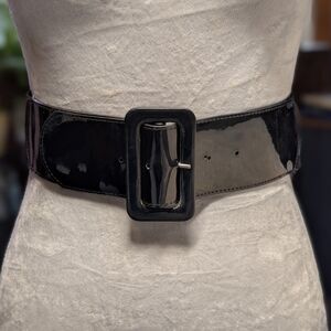 Patent Leather Wide Black Waist Belt with Oversized Buckle